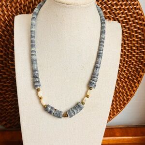 VTG blue Dyed Bone Disc Necklace Brass MOP Artisan Tribal 17” 35g